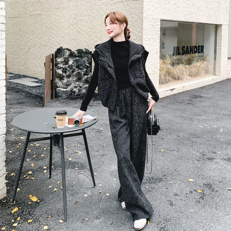 时尚休闲运动套装女春秋新款无袖工装连帽马甲直筒阔腿裤两件套潮