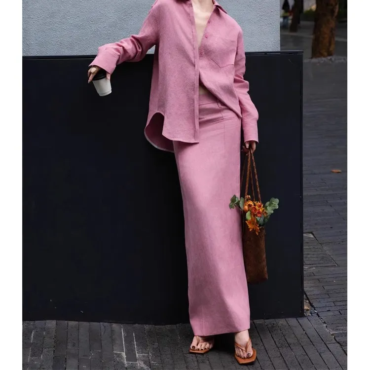 法式棉麻衬衫套装裙女夏季高级时尚老钱风气质粉色衬衣长裙两件套
