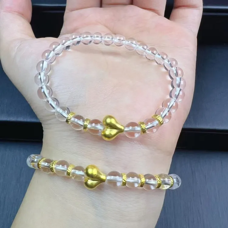 正品足金999屁桃黄金爱心纯金999转运珠白水晶手链女款七夕礼物女