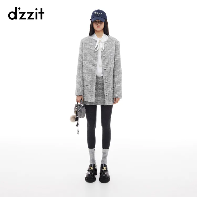 dzzit地素棉服冬季小香风银葱混纺粗花呢圆领中长外套女3I4H301