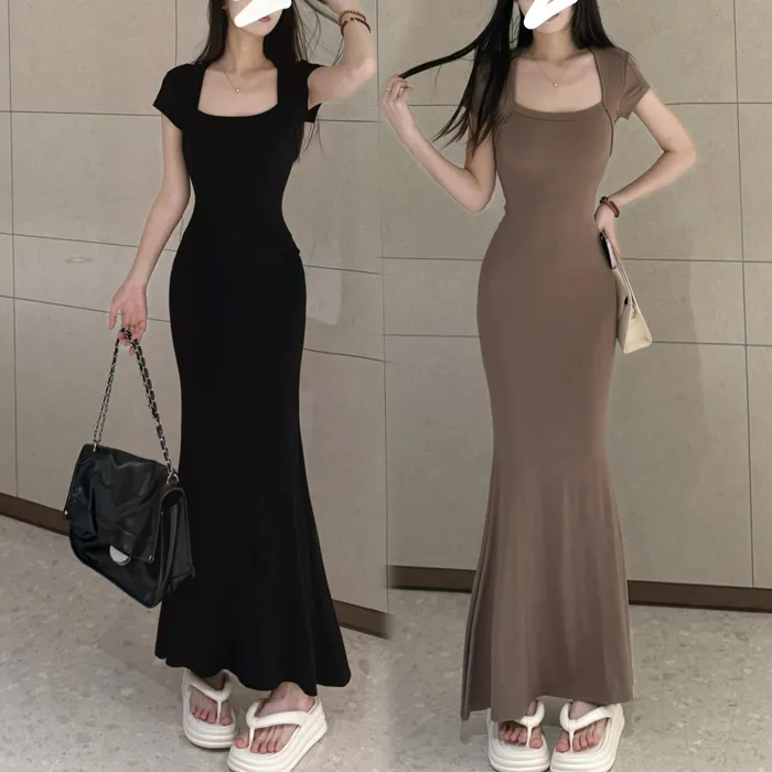 法式方领鱼尾长裙修身显瘦遮胯性感包臀短袖连衣裙收腰后妈裙