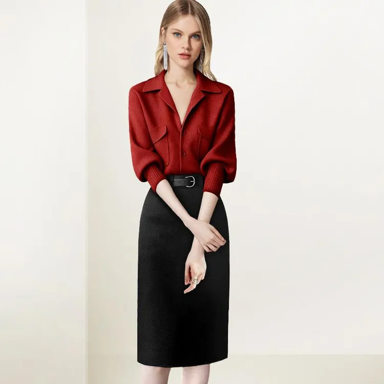 韩系女神范套装女2025年秋装新款气质显瘦红色上衣半身裙两件套裙