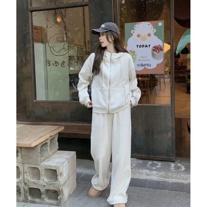 松驰感休闲运动连帽拉链长袖卫衣阔腿休闲裤女2025秋冬时尚套装潮