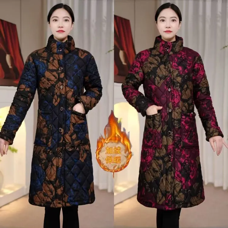 2025中老年棉服冬季新款妈妈加绒加厚大码保暖中长款大花棉袄外套
