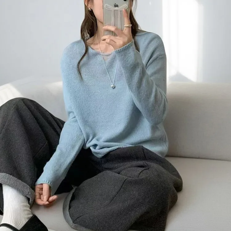 圆领高级感套头毛衣女宽松秋季新款韩版软糯长袖女士针织上衣