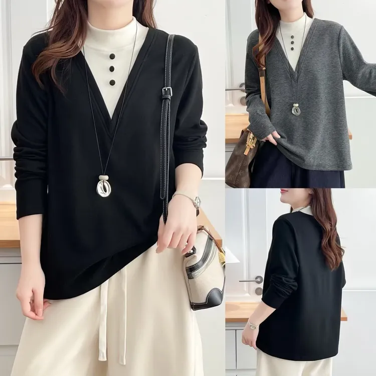 大码女装加绒撞色假两件半高领宽松洋气T恤打底衫显瘦内搭上衣女