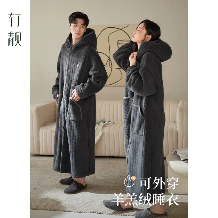 【羊羔绒】抗静电情侣连帽睡袍女冬季加厚睡衣可外穿男士浴袍