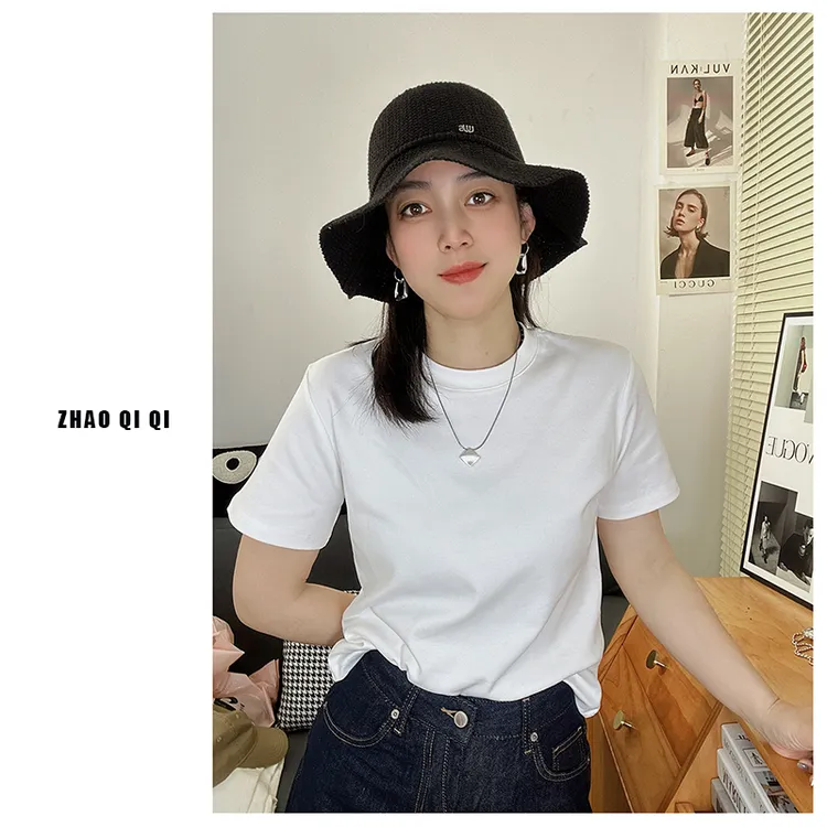 220克夏季短袖重高品质女装T恤白色2025新款百搭上衣粉色黑色蓝色
