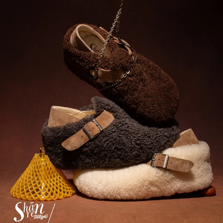 ShānRen增高7.0CM 皮毛一体羊羔毛勃肯鞋女 加绒毛毛深口单鞋女