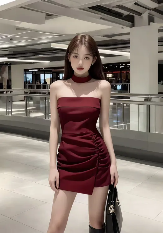 时尚气质名媛纯欲辣妹风酒红色一字肩露肩抹胸修身收腰包臀连衣裙