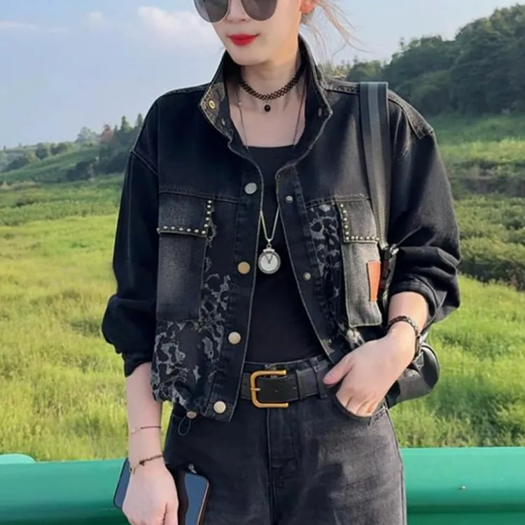 豹纹拼接短款牛仔外套女2025秋季新款时尚潮流百搭炸街夹克上衣