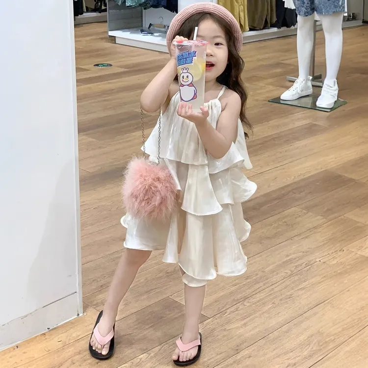 女童2025夏季新款潮时尚气质无袖甜美纯色薄款韩版吊带蛋糕连衣裙