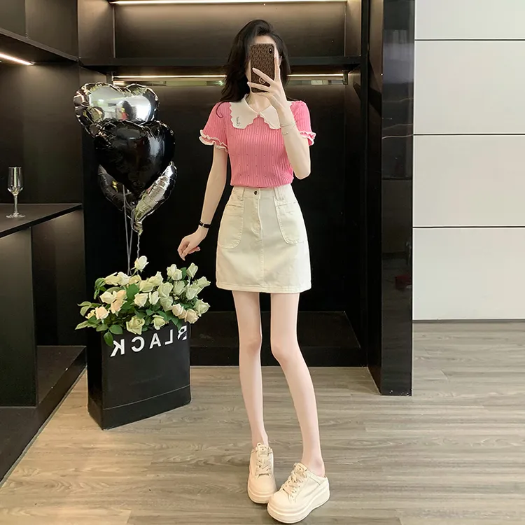 女装夏季休闲度假套装显瘦气质针织短袖减龄小众白色半身裙两件套