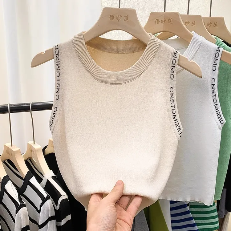 无袖上衣女2025夏季新款修身短款美式针织衫内搭打底圆领吊带背心