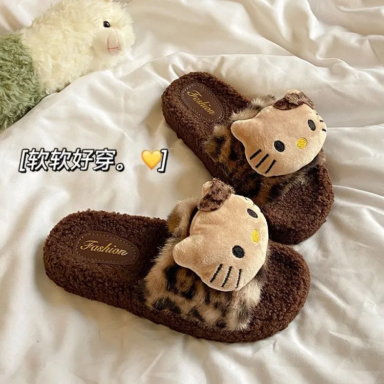 2025秋冬网红可爱豹纹kitty猫毛毛拖鞋女外穿保暖家居一字棉拖鞋