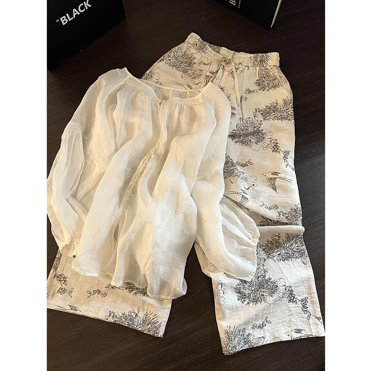 新中式复古休闲长袖睡衣女秋季新款水墨花卉长裤可外穿家居服套装