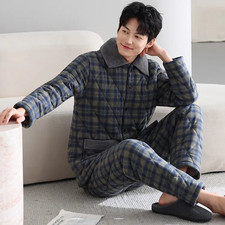 【防静电】三层加厚夹棉睡衣男士2025秋冬款格子纯棉加绒加厚家居服