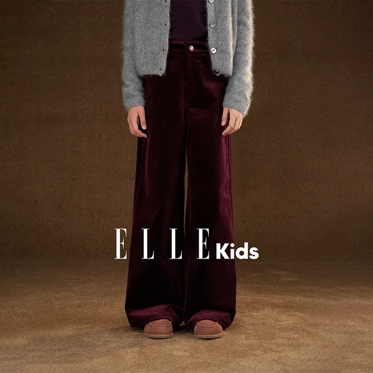 ELLEKIDS童装 复古灯芯绒直筒裤酱紫色休闲宽松显瘦长裤女童D6