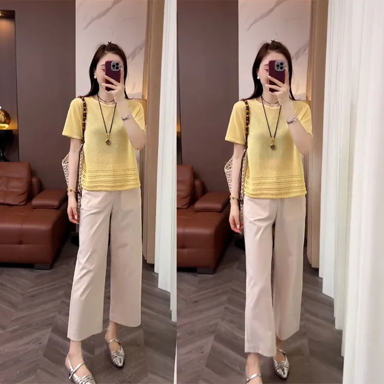 法式轻熟风夏日松弛感网红时尚套装黄色针织衫上衣九分裤两件套