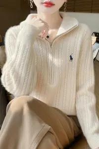 100%纯羊毛女士七针加厚翻领绞花刺绣针织衫D267