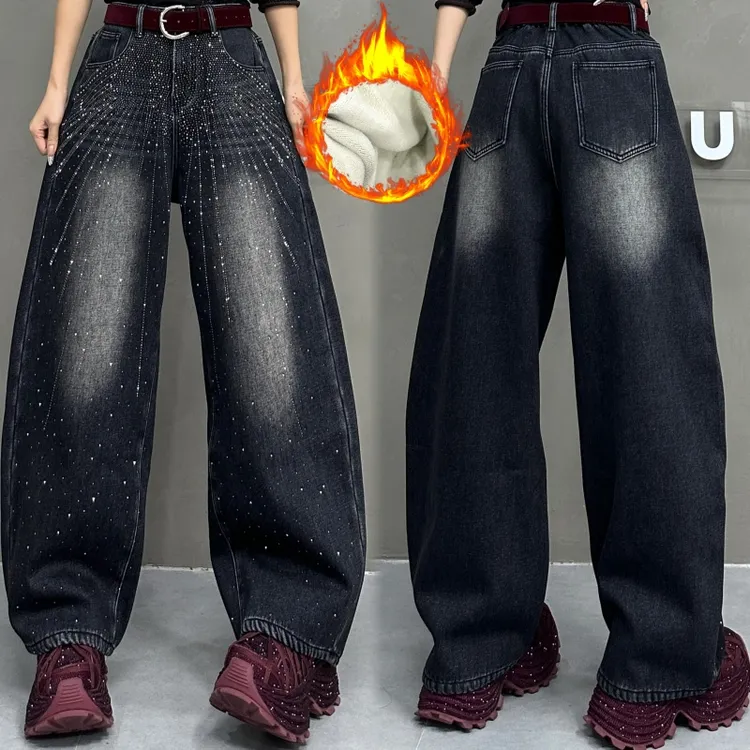 【亿火】冬季新款烫钻直筒阔腿加绒加厚复古水洗牛仔裤G105-10890