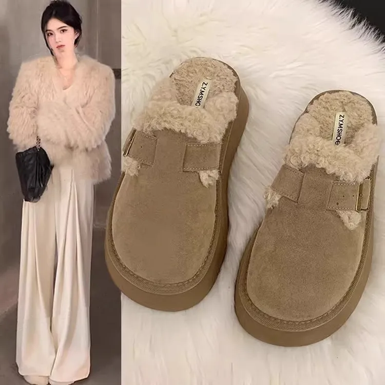 勃肯厚底拖鞋包头半拖鞋女外穿2025新款秋冬加绒保暖毛毛爆款棉拖