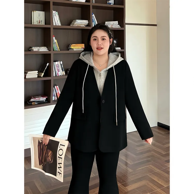 大码女装秋季显瘦花契200斤胖mm灯芯绒假两件连帽外套4437-F