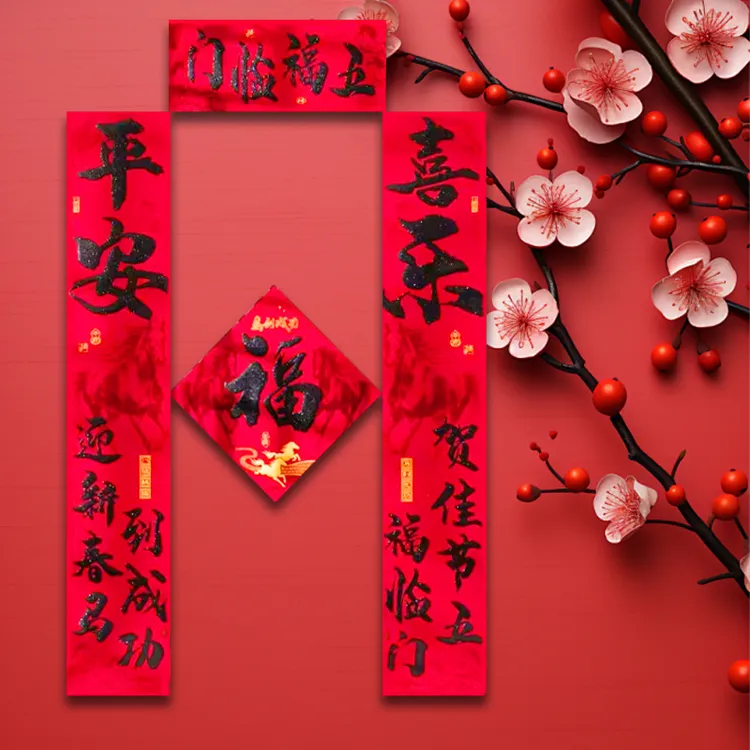 马年高档绒布黑字八骏献瑞新工艺全背胶春联入户门别墅商铺大门