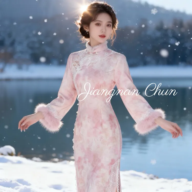 江南春【粉花落香】冬款加绒文艺少女修身高端日常旗袍奢华气质