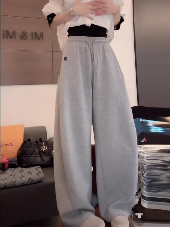 美式复古灰色阔腿休闲裤女2025新款秋设计感小众刺绣直筒宽松卫裤