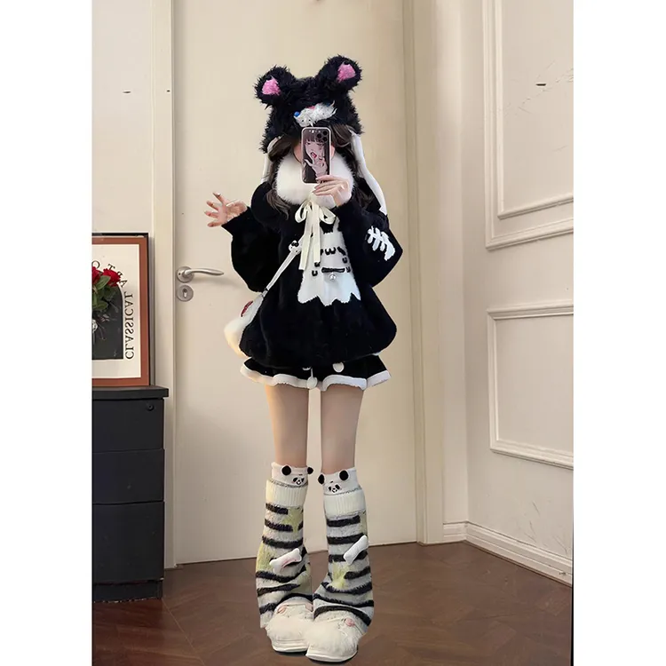 幽灵猫猫黑色毛衣宽松保暖毛茸茸圆领上衣+短裙冬季2024新款套装