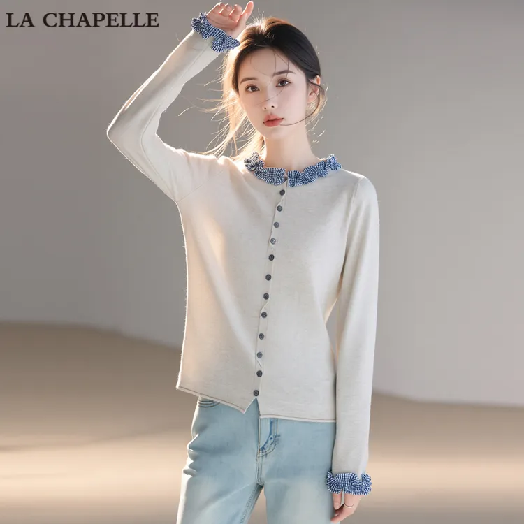 拉夏贝尔独特学院风木耳边拼接圆领长袖针织衫女早春宽松显瘦毛衣