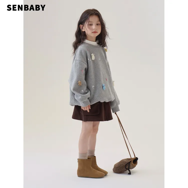 senbaby童装女童冬装加绒卫衣2025重工亮片立体小熊上衣半身裙