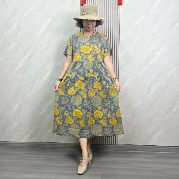 W2120棉麻连衣裙大码宽松遮肉夏季百搭透气减龄印花宽松连衣裙