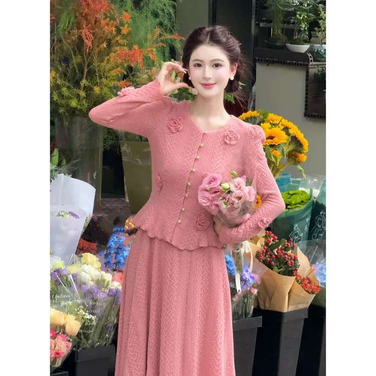 【双11好物】LiLi李李家法式明媚温柔风粉色针织套装XMZH9543