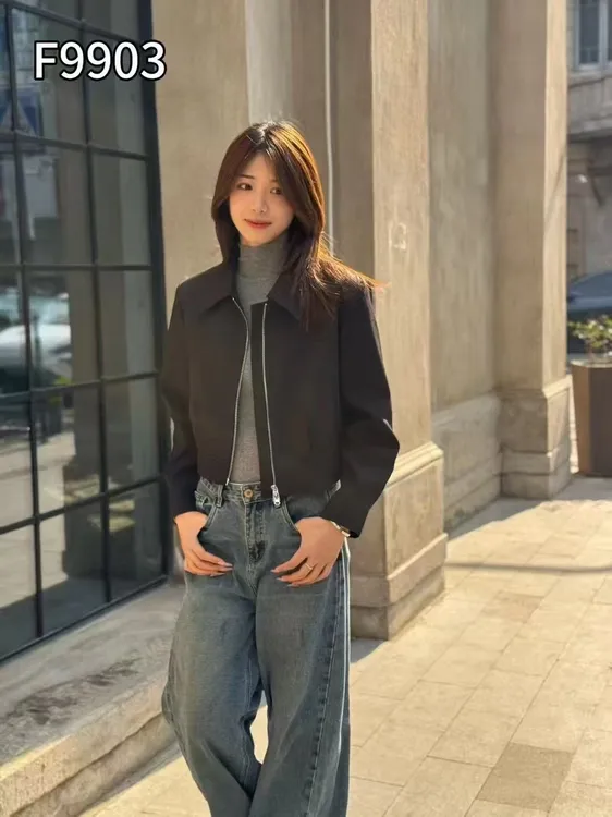 美式新款复古黑色外套百搭短款上衣翻领