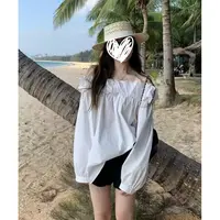 法式温柔风纯色一字肩衬衣气质显瘦木耳边设计感露肩长袖上衣