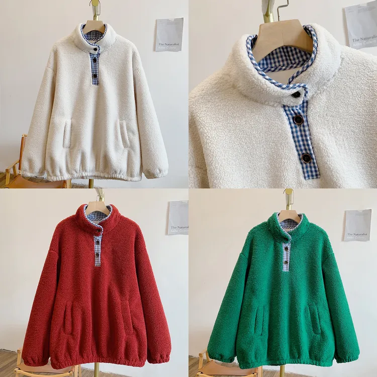 圣诞季C5374加绒三粒扣立领毛绒卫衣