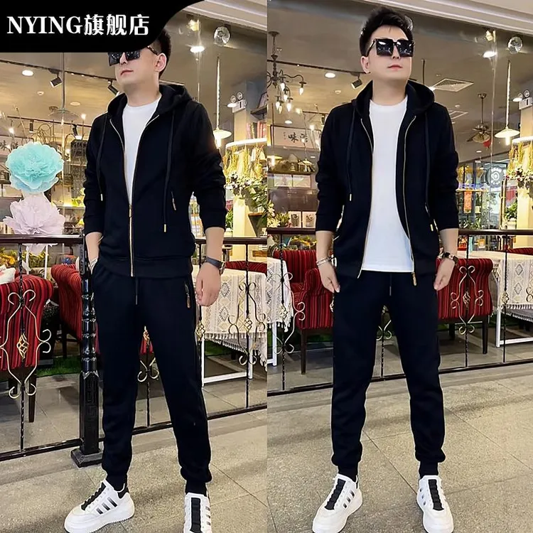 NYING春秋新款时尚百搭透气休闲套装男士弹力简约拉链外套休闲裤