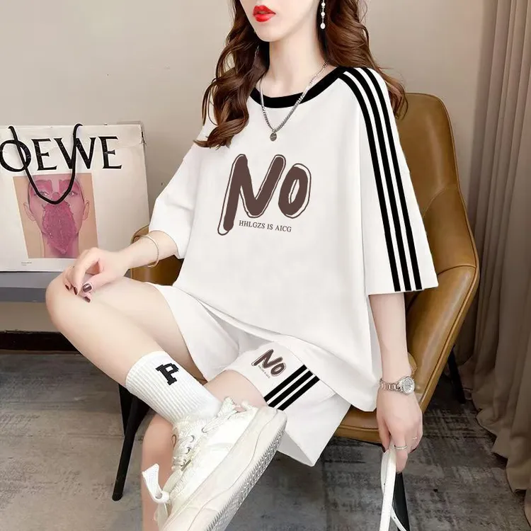 夏季休闲运动服套装女2025新款胖mm韩版宽松短袖短裤跑步两件套潮