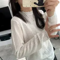 法式花边寸领坑条蕾丝打底衫别致长袖针织衫宽松镂空上衣半高领