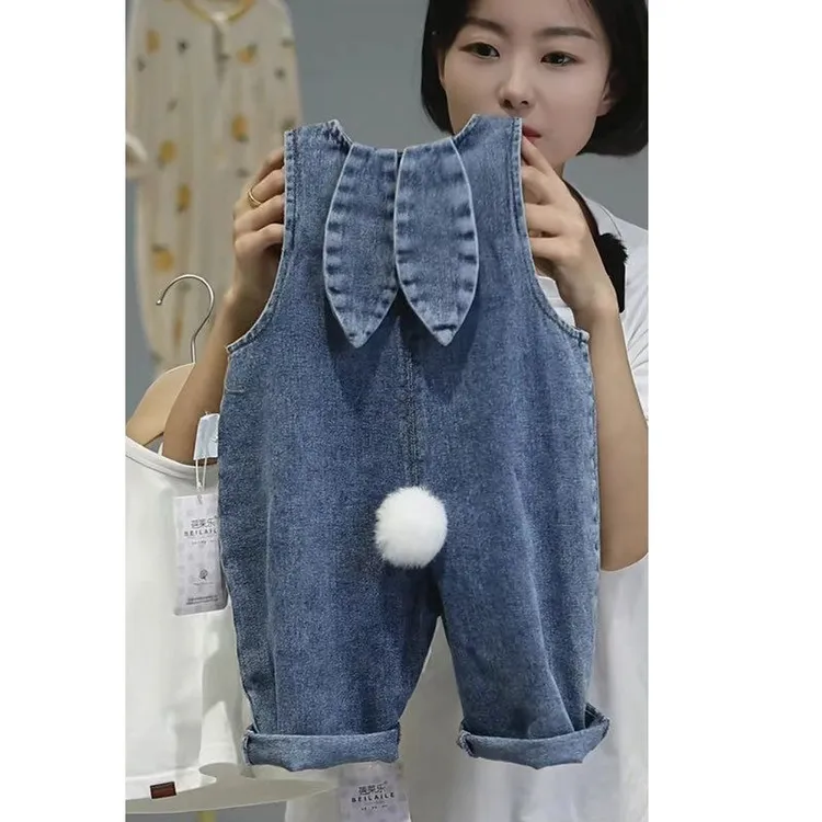 儿童牛仔背带裤春秋款女童洋气连体裤男童韩版时尚宽松兔耳朵长裤