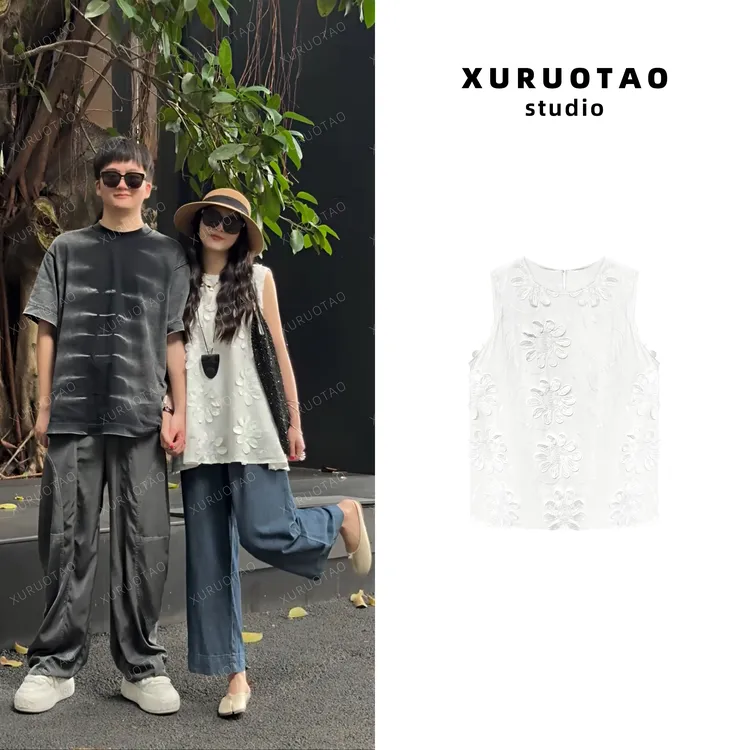 XURUOTAO 【洛花】100棉立体花朵刺绣设计显瘦舒适白色上衣 T5368