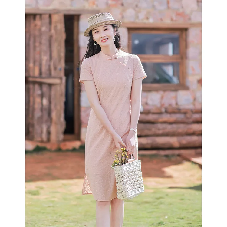 红念新中式粉色改良旗袍优雅连衣裙女短袖夏季2025年中国风连衣裙