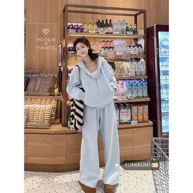 休闲套装长袖连帽宽松外套女装秋季高腰显瘦拖地裤两件套