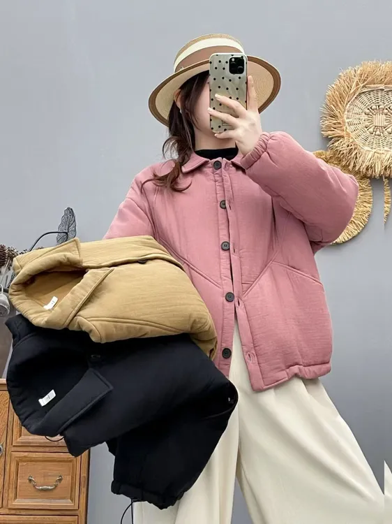 冬季新款加棉加厚保暖尖领棉服女休闲百搭拼接外套86588