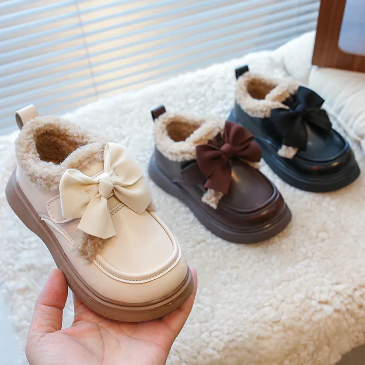 秋冬毛毛公主皮鞋女童加绒二棉鞋软底中大童黑皮鞋演出保暖乐福鞋