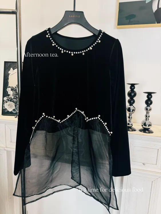 秋冬小香风重工钉珠2025高端丝绒荷叶下摆上衣法式别致小衫9183#