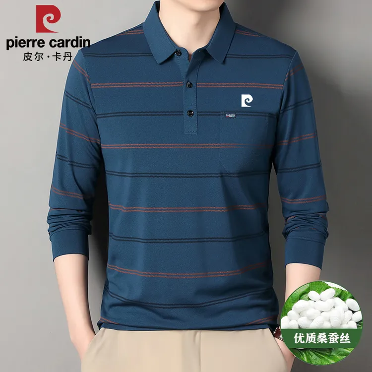 皮尔卡丹高档桑蚕丝秋冬长袖POLO衫中年男士透气休闲条纹翻领T恤