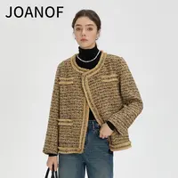 JOANOF三粒扣上衣拼色复古女宽松小香风毛呢短外套单排扣X726-D